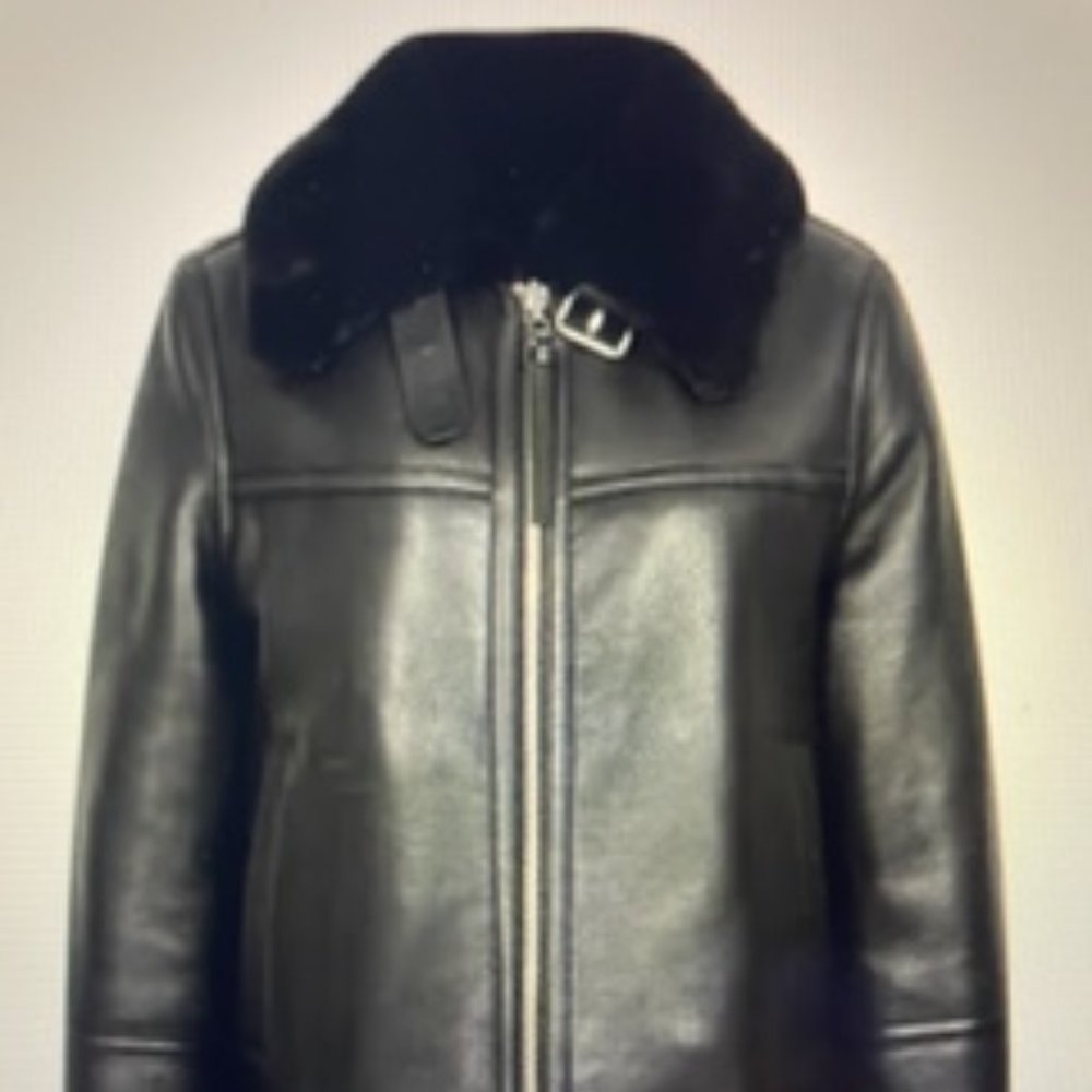 Reiss Mila Genuine Black Leather and Shearling Aviator Jacket size petite large